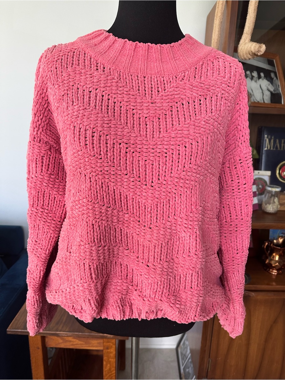 POL Pink Chevron Openwork Crewneck Sweater